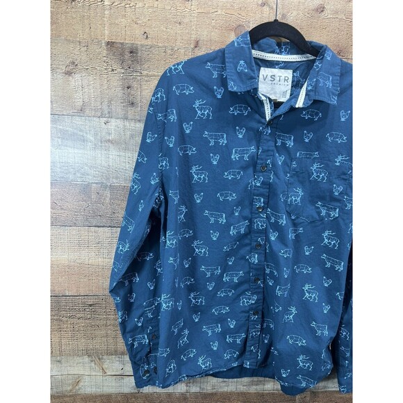 VSTR Premium Mens Blue Button Long Sleeve Shirt Butcher Print Large - Picture 3 of 12